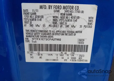 2012 Ford F-150 Xlt z USA, uszkodzony, nr VIN 1FTFX1ET2CFA27992